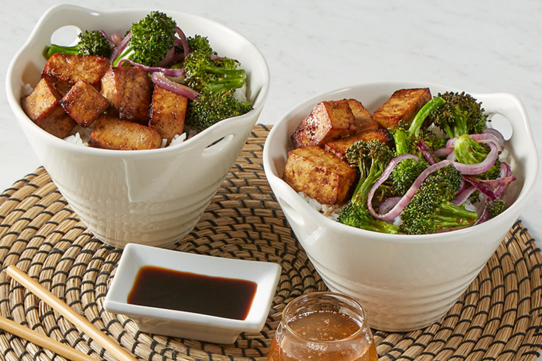 Air Fryer Marinated Tofu with Broccoli and Onions