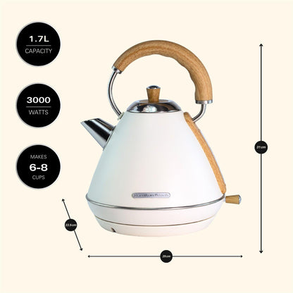 Hamilton Beach Scandi 1.7L Pyramid Kettle Matte Cream with Wood Effect