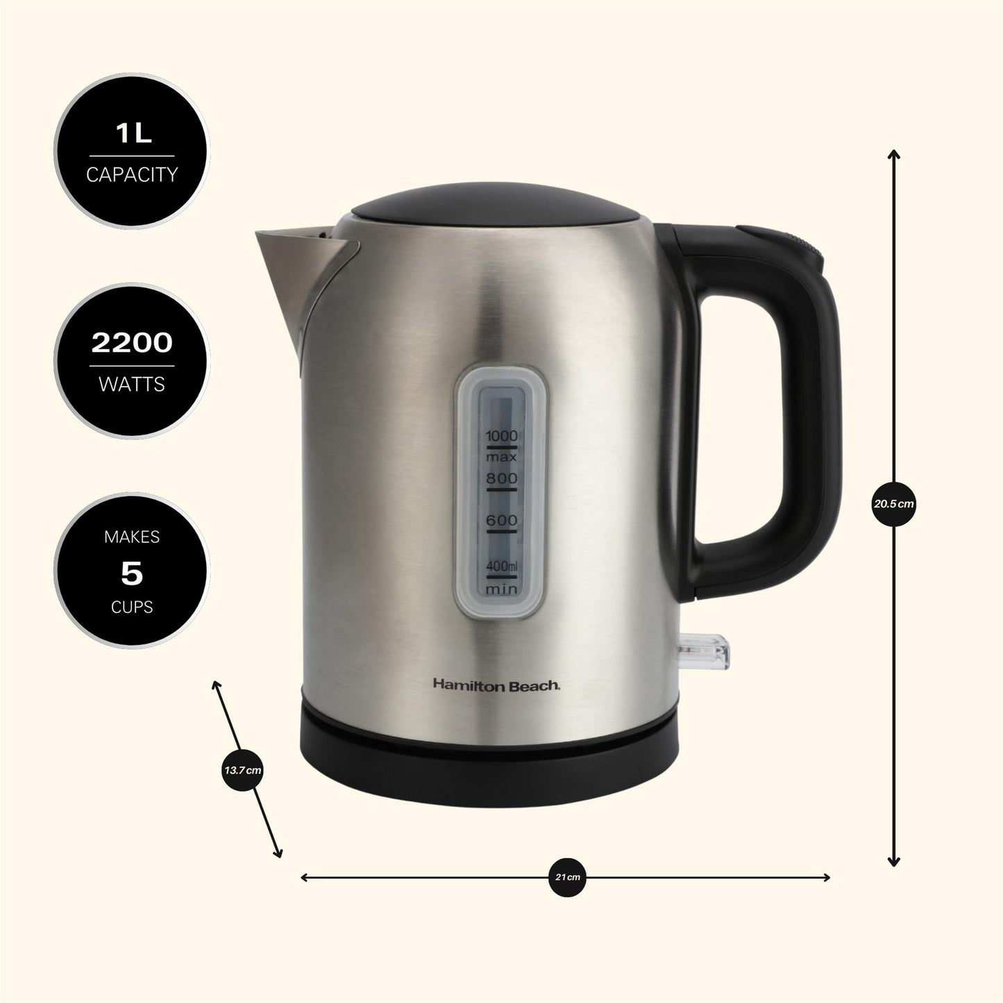 Hamilton Beach Compact 1L Brushed Stainless Steel Kettle