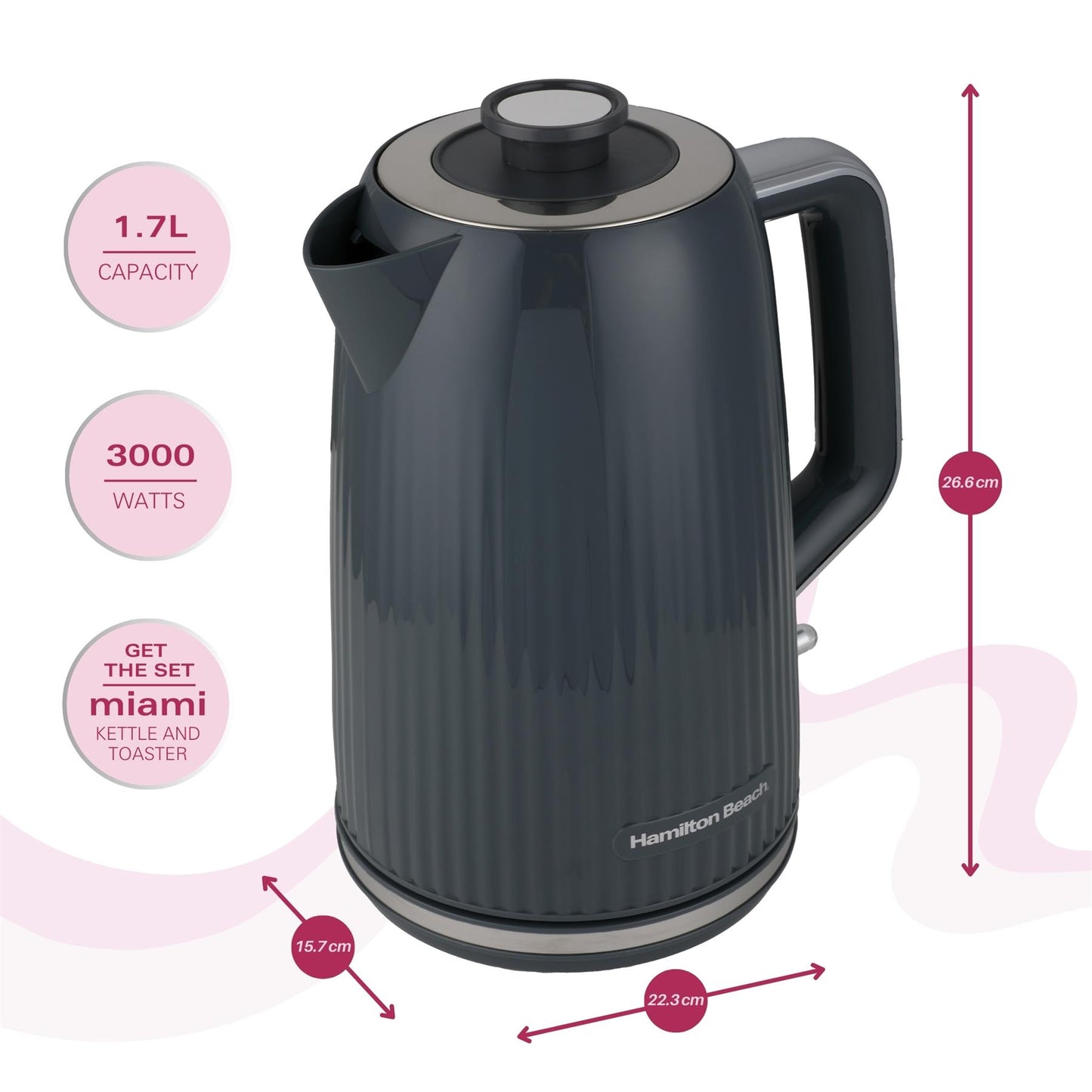 Hamilton Beach Miami 1.7L Kettle Charcoal Grey