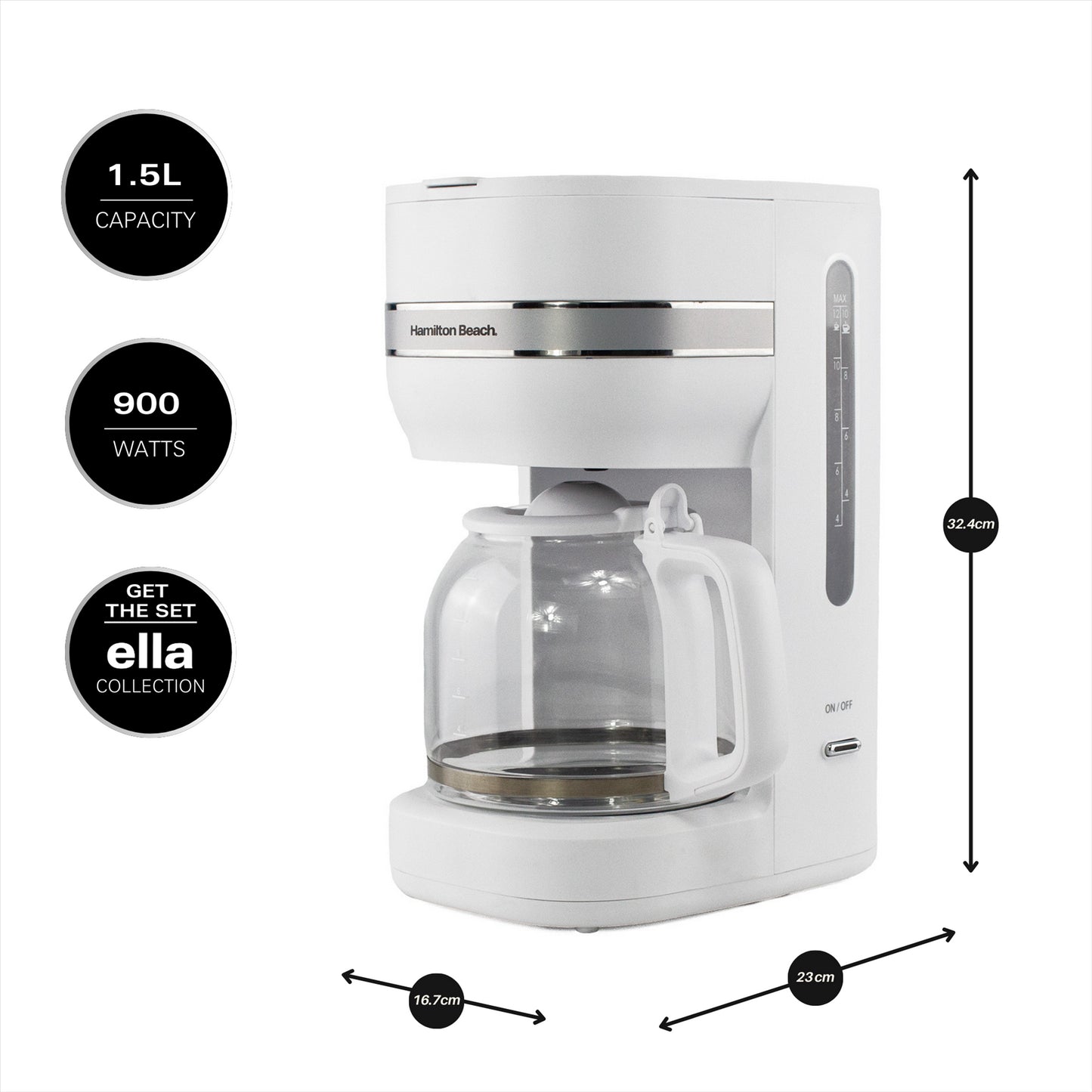 Hamilton Beach Ella 1.5L Matte White Filter Coffee Machine