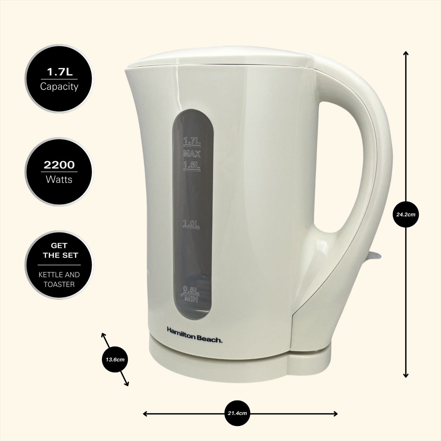 Hamilton Beach Essential 1.7L Cream Plastic Kettle