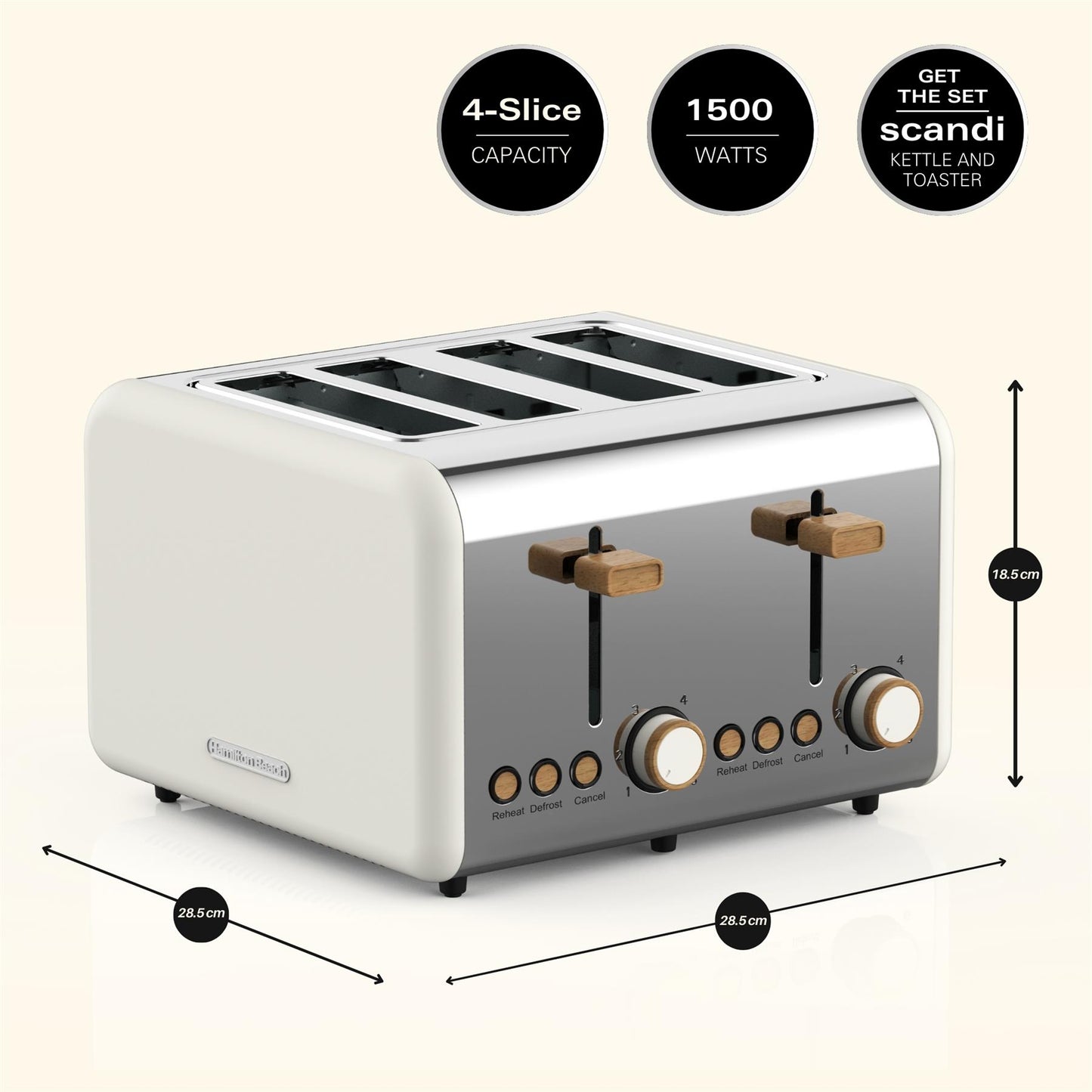 Hamilton Beach Scandi 4 Slice Toaster Matte Cream with Wood Effect